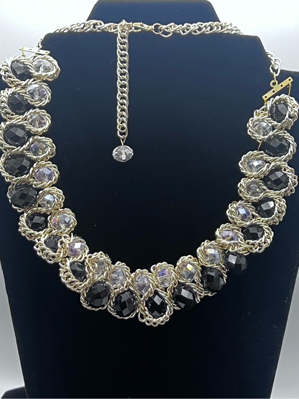 Black & Clear Crystal Statement Necklace Chunky Chain Bib Collar Adjustable